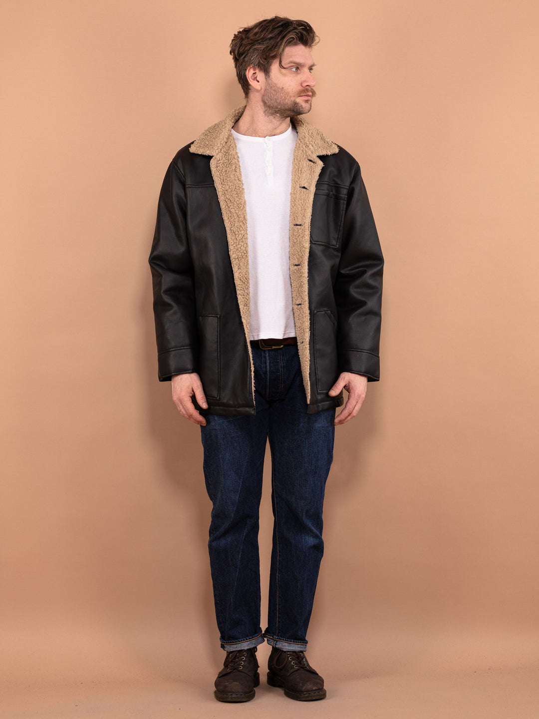 Vintage 00's Men Faux Sheepskin Coat in Black - NorthernGrip