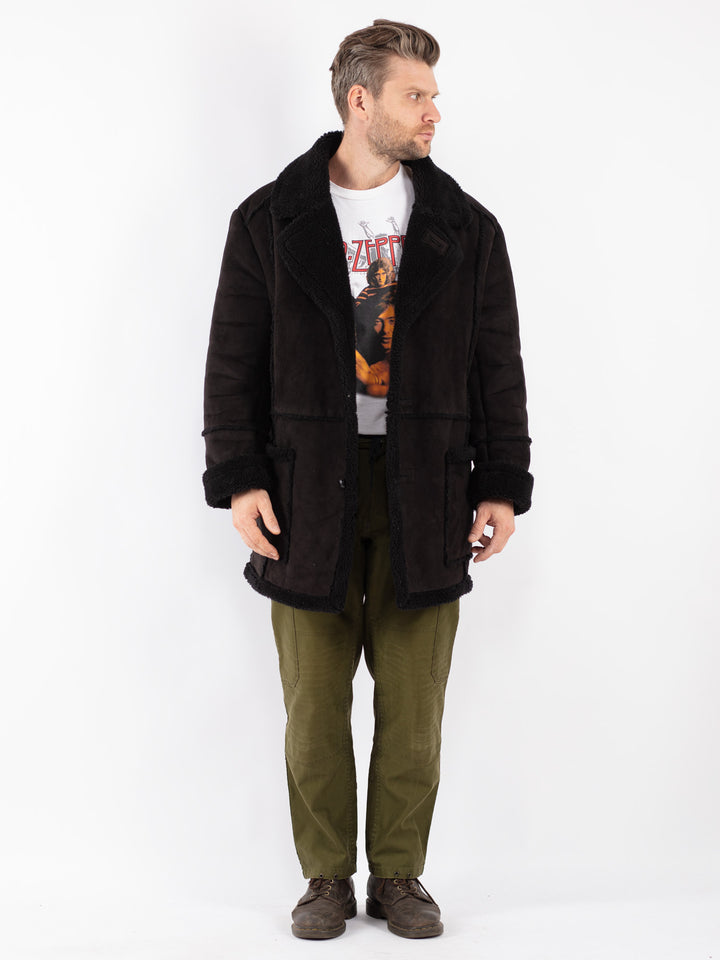 Vintage Men Faux Sheepskin Coat in Black