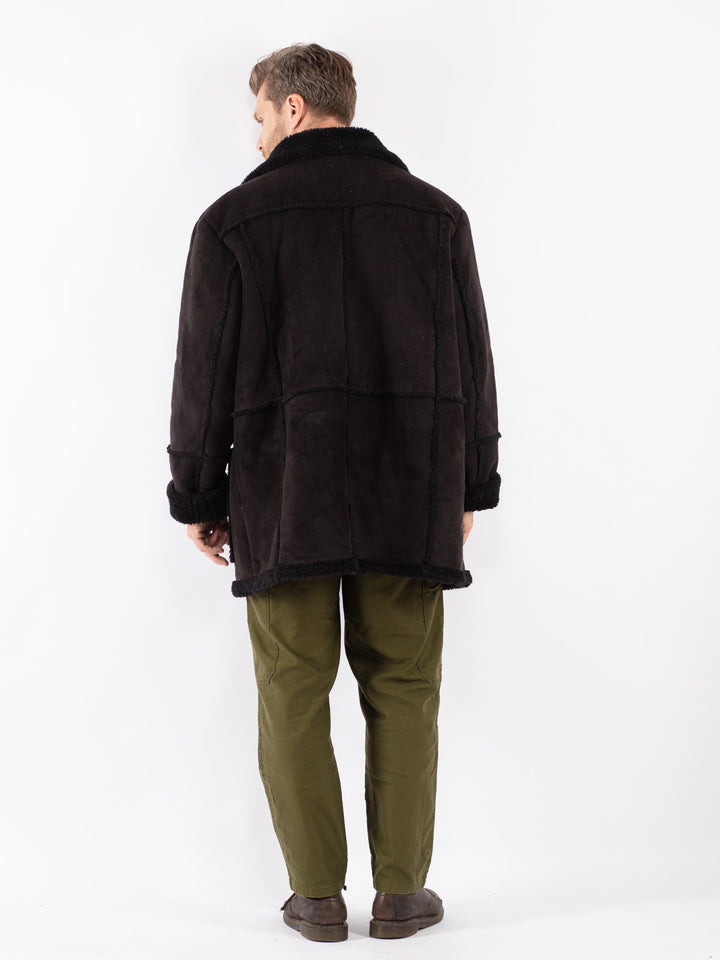 Vintage Men Faux Sheepskin Coat in Black