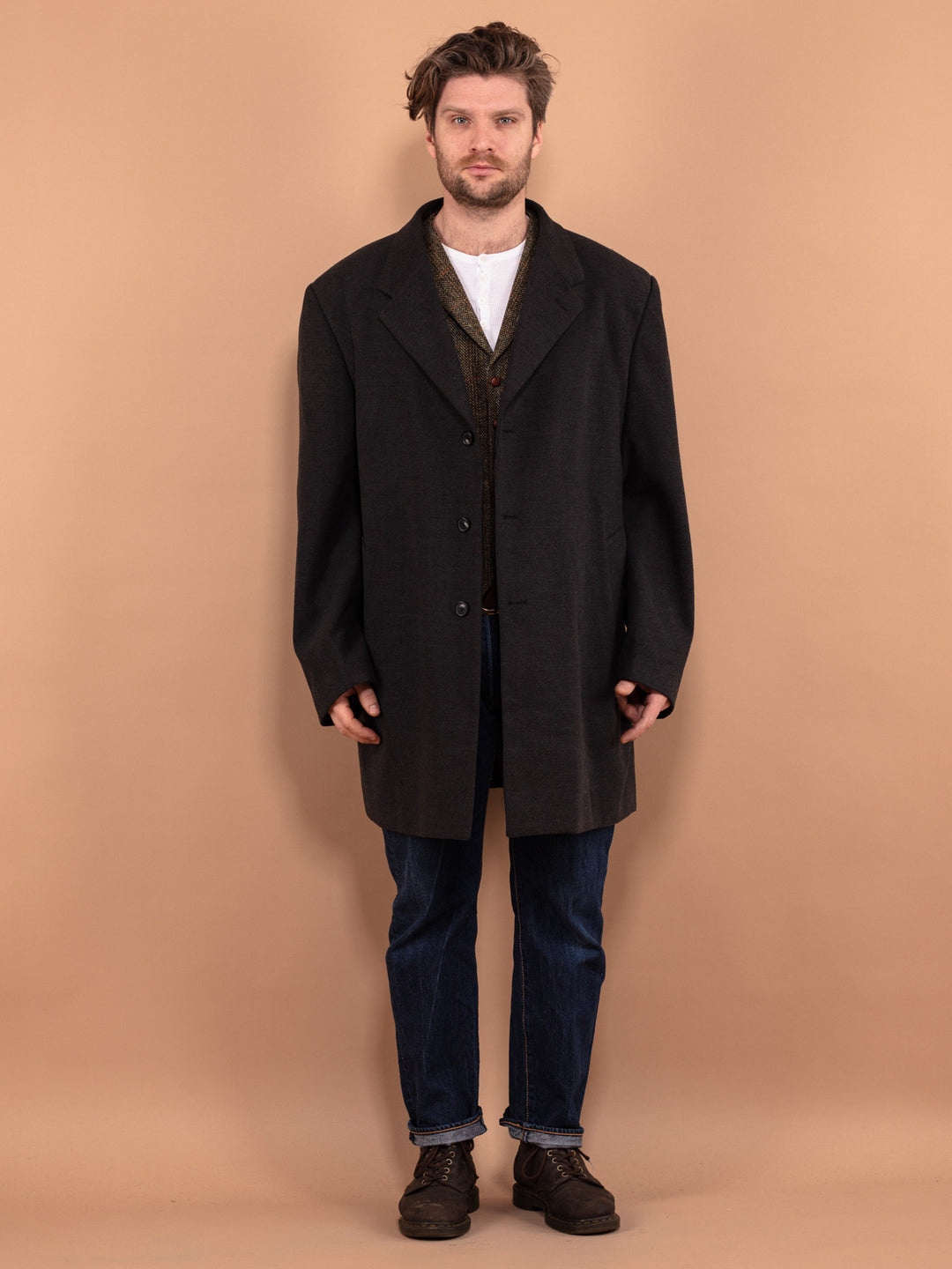 Vintage 00's Men Faux Wool Overcoat in Gray - NorthernGrip