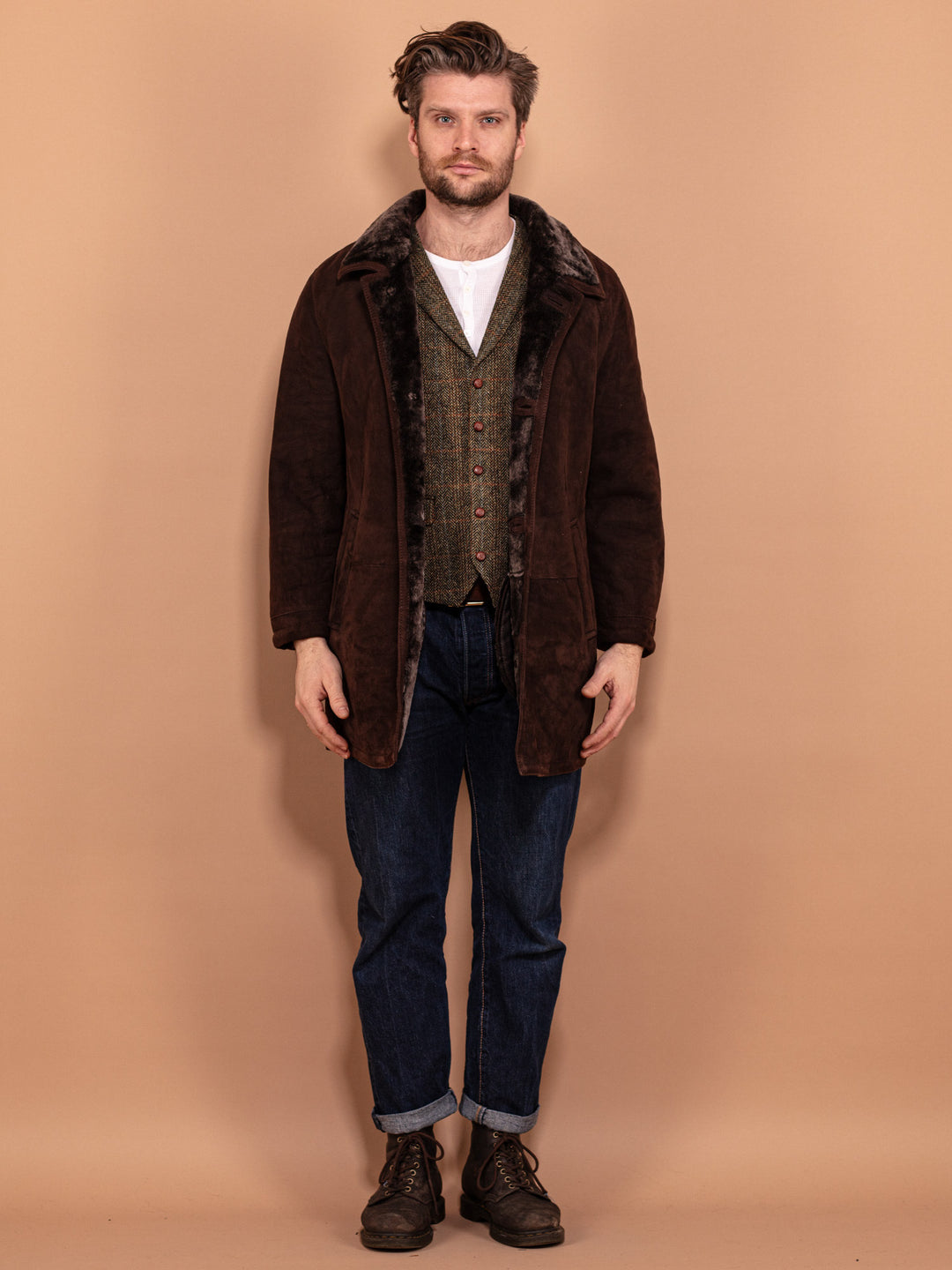 Vintage 00's Men Sheepskin Suede Coat in Brown - NorthernGrip