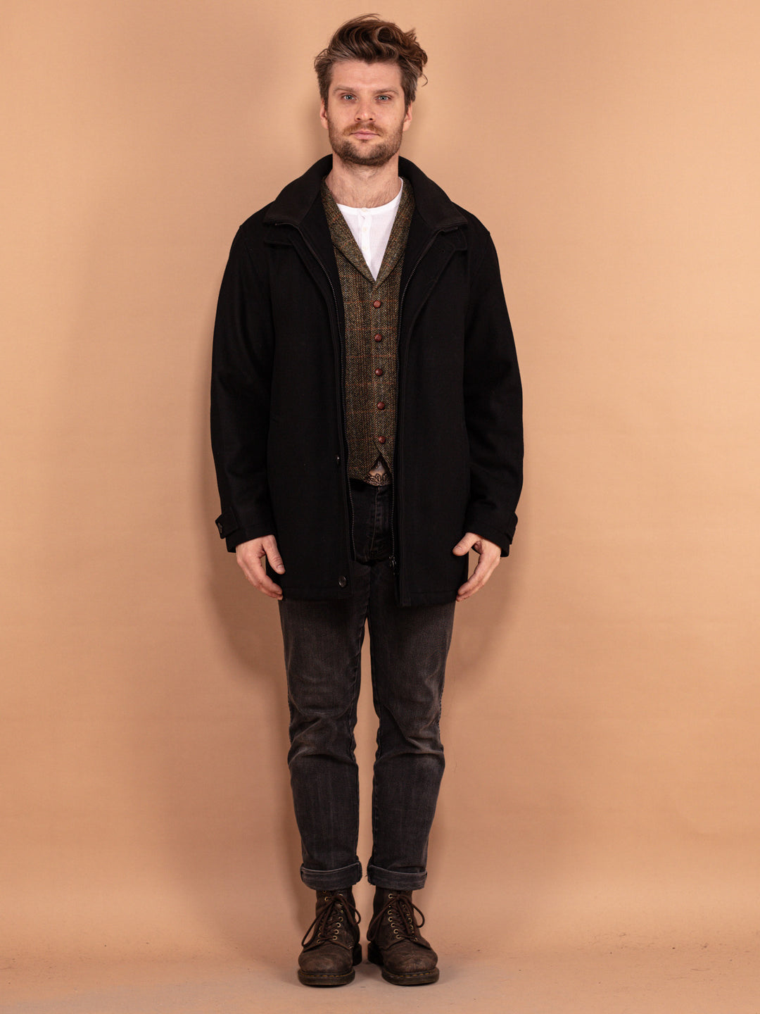 Vintage 00's Men Wool Blend Parka Coat in Black - NorthernGrip