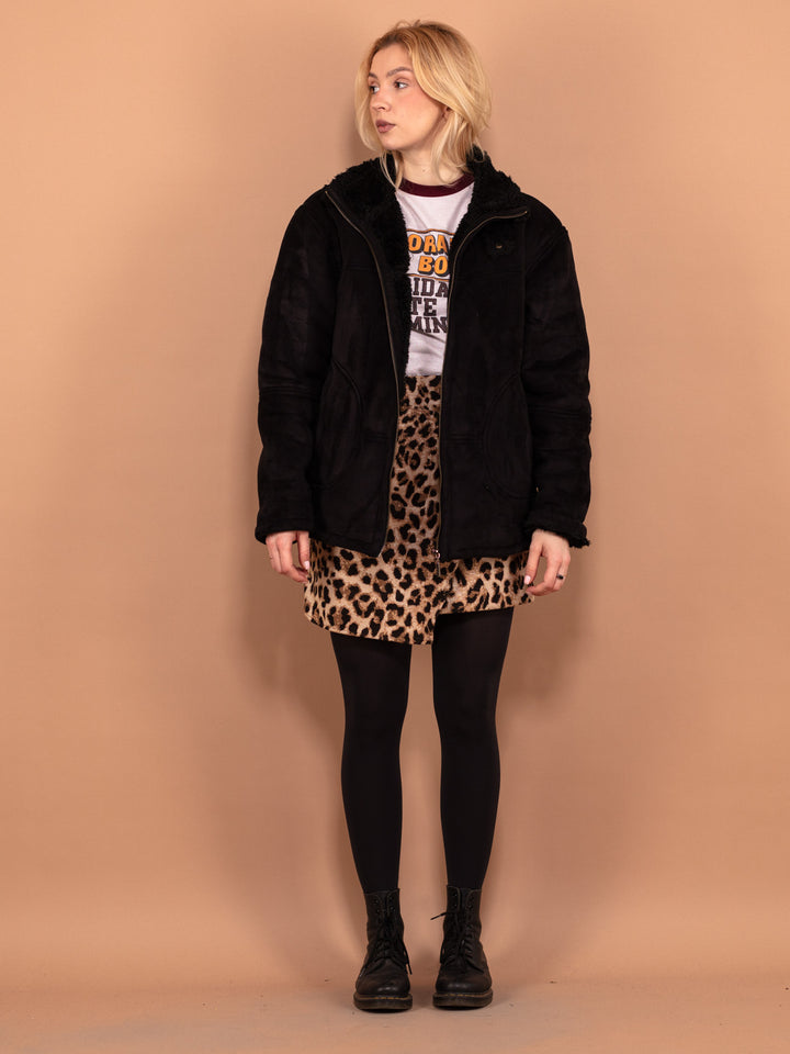 Vintage 00's Women Faux Sheepskin Bomber Jacket in Black - NorthernGrip