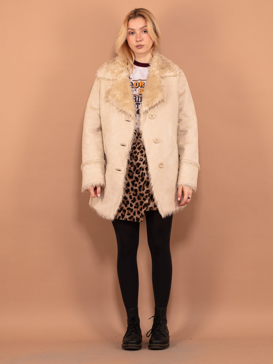 Vintage 00's Women Faux Sheepskin Coat in Beige - NorthernGrip