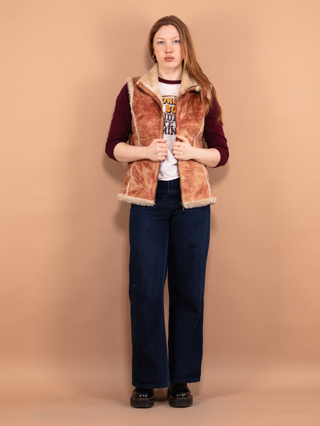 Vintage 00's Women Faux Sheepskin Vest in Beige Brown - NorthernGrip