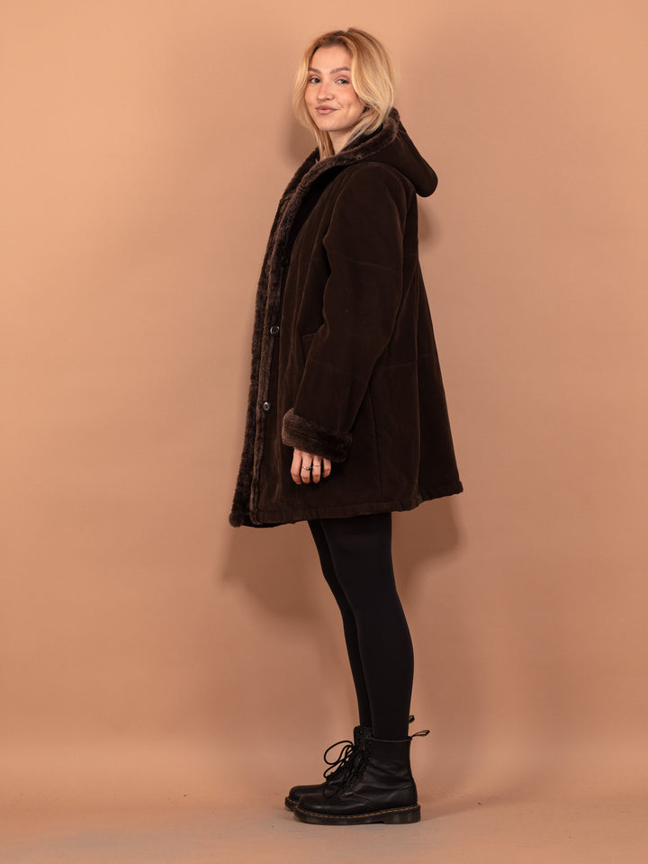 Vintage 00's Women Hooded Sherpa Coat in Brown - NorthernGrip