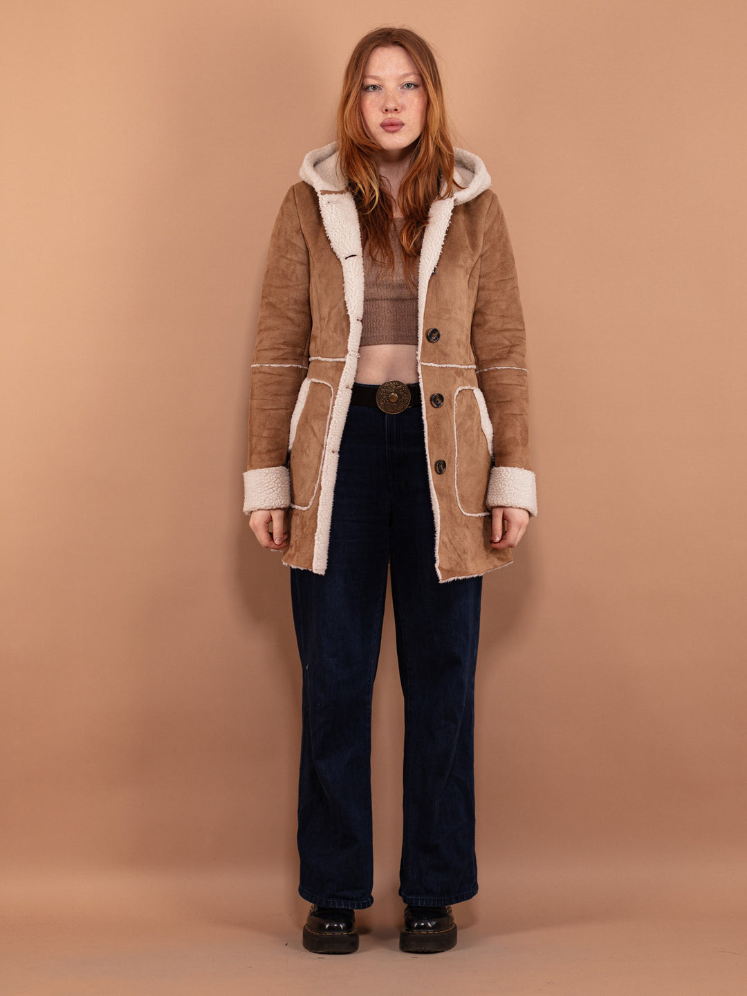 Vintage 00's Women Hooded Sherpa Coat in Brown - NorthernGrip