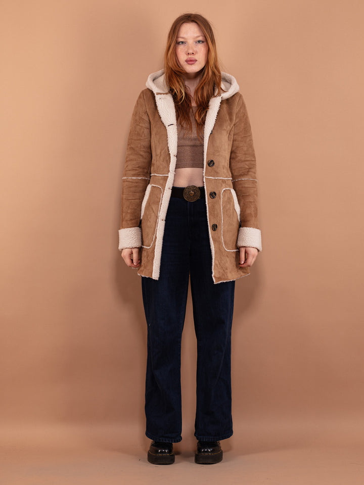 Vintage 00's Women Hooded Sherpa Coat in Brown - NorthernGrip