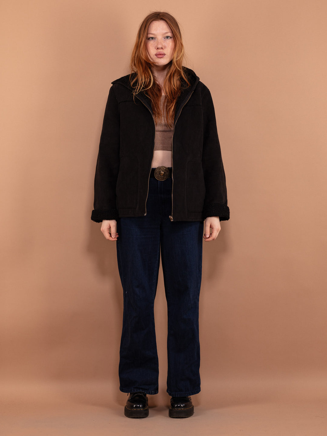 Vintage 00's Women Hooded Sherpa Jacket in Black - NorthernGrip