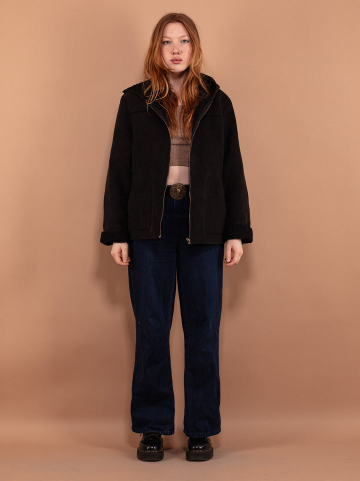 Vintage 00's Women Hooded Sherpa Jacket in Black - NorthernGrip