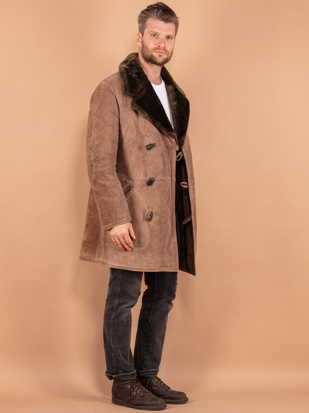 Vintage 70's Men Sheepskin Coat in Beige - NorthernGrip