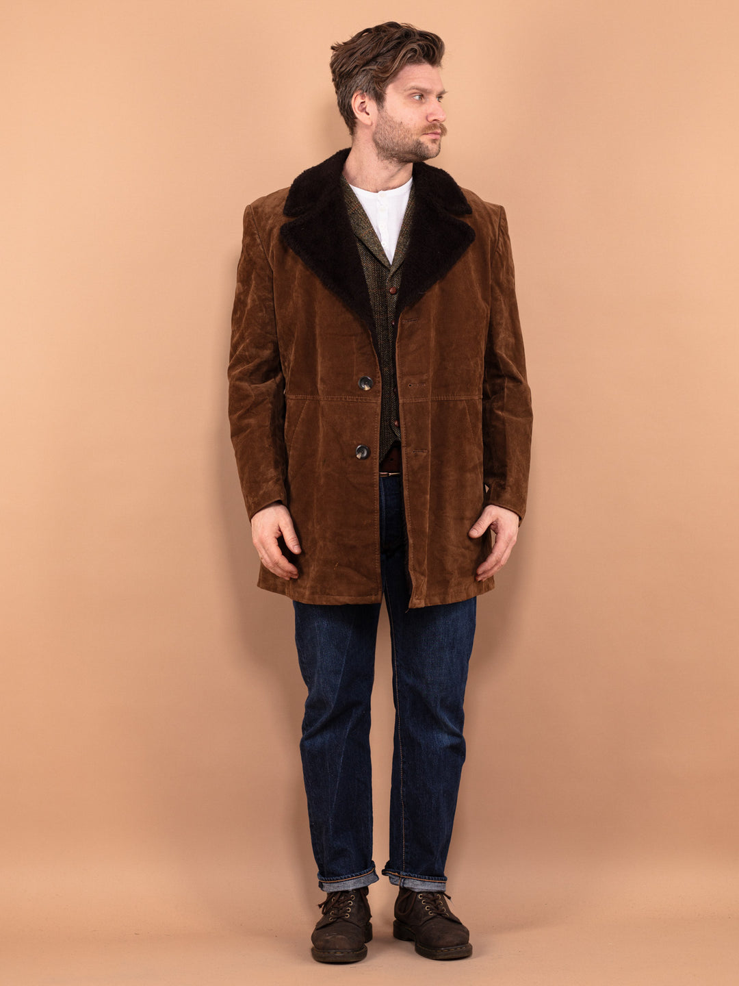 Vintage 70's Men Faux Sheepskin Coat in Brown - NorthernGrip