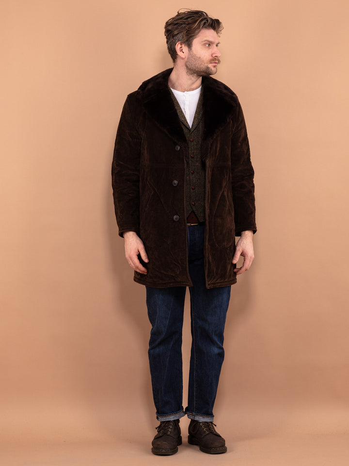 Vintage 70's Men Faux Sheepskin Coat in Brown - NorthernGrip