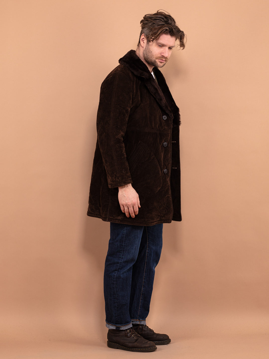 Vintage 70's Men Faux Sheepskin Coat in Brown - NorthernGrip