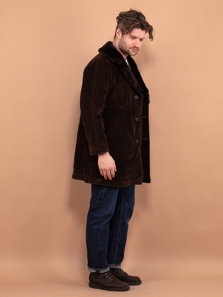 Vintage 70's Men Faux Sheepskin Coat in Brown - NorthernGrip