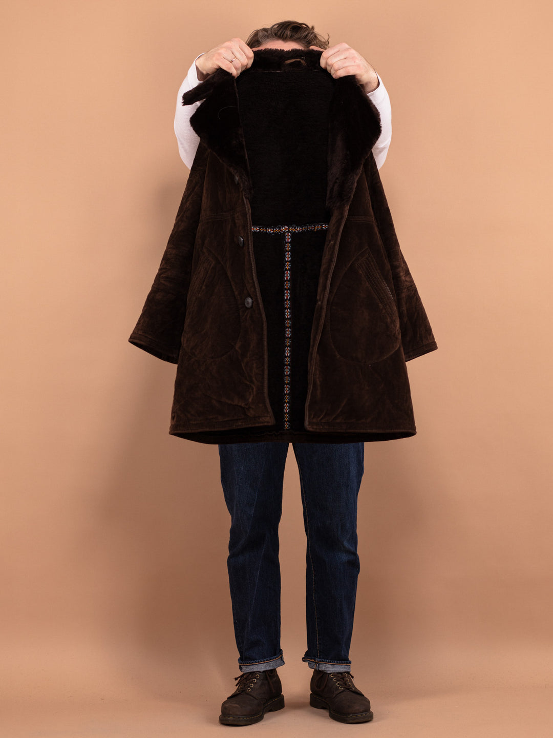 Vintage 70's Men Faux Sheepskin Coat in Brown - NorthernGrip