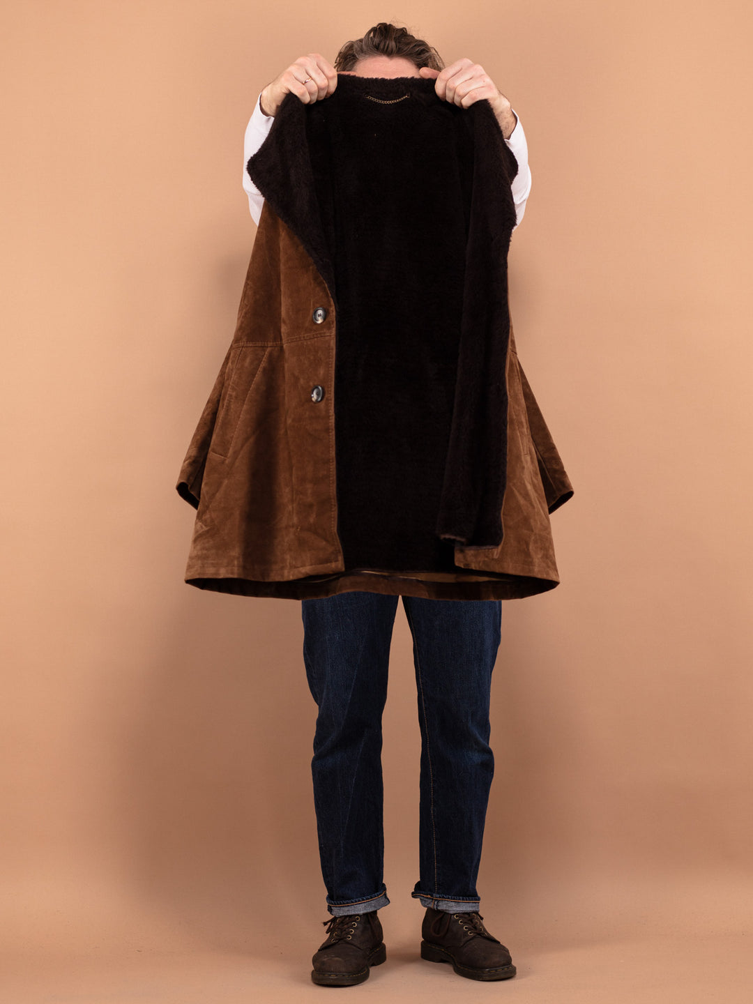 Vintage 70's Men Faux Sheepskin Coat in Brown - NorthernGrip