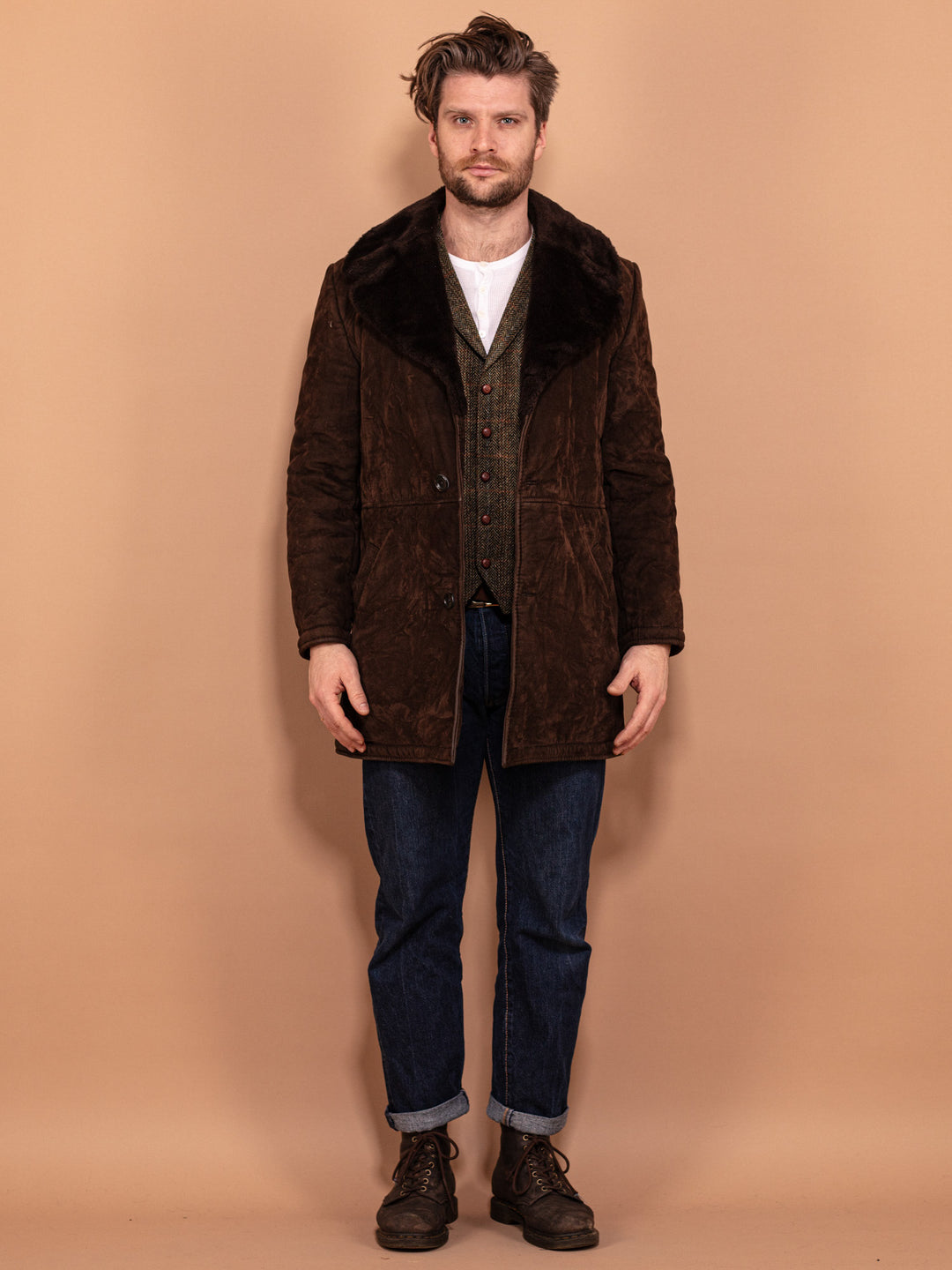 Vintage 70's Men Faux Sheepskin Coat in Brown - NorthernGrip