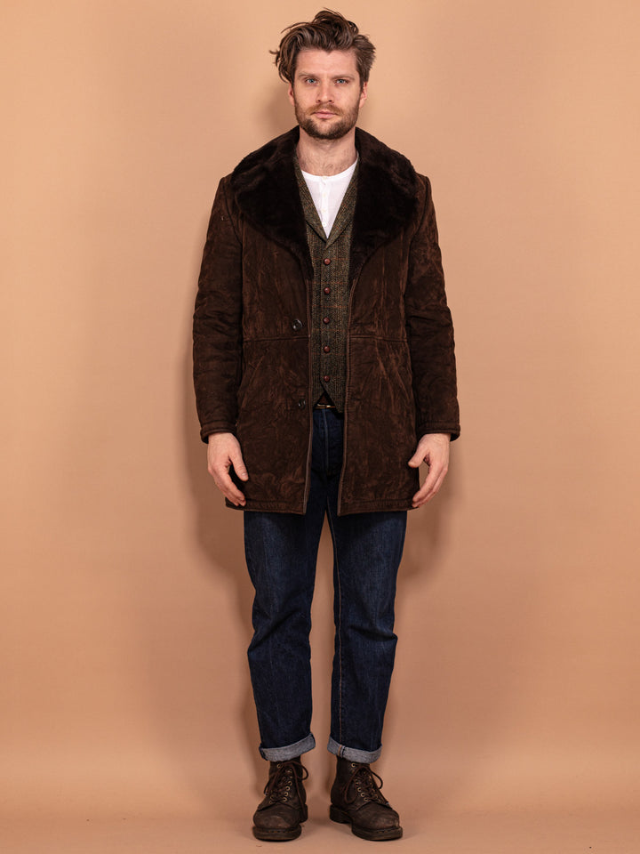Vintage 70's Men Faux Sheepskin Coat in Brown - NorthernGrip