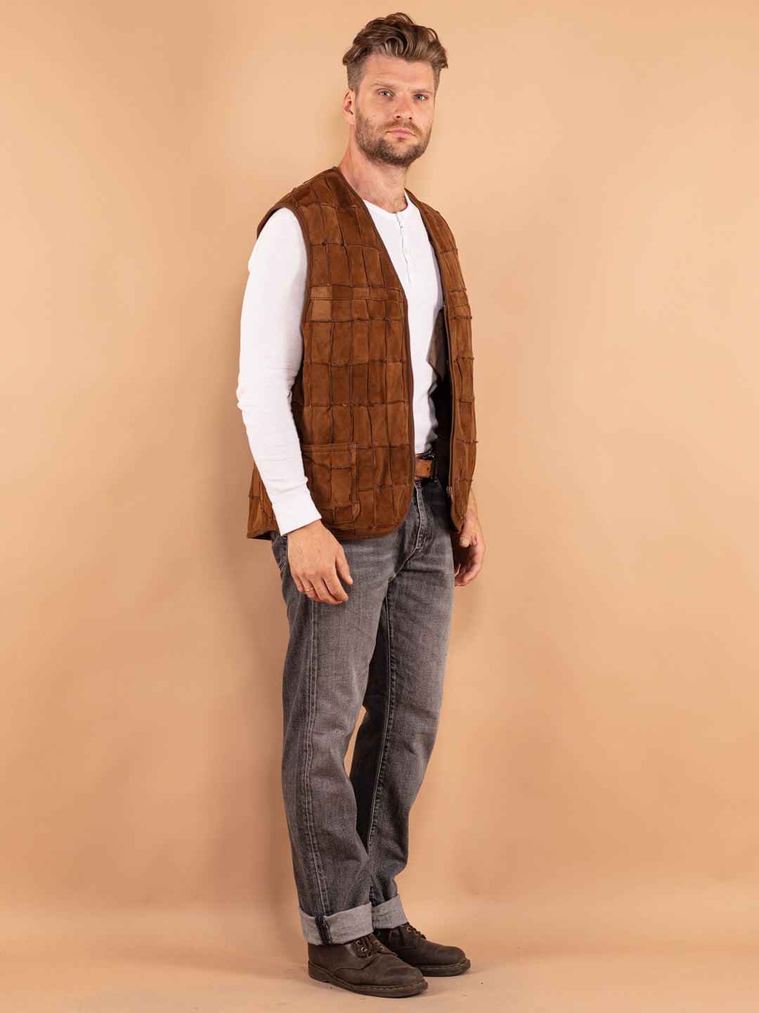 Vintage 70. gadu vīriešu patchwork aitādas veste brūnā krāsā