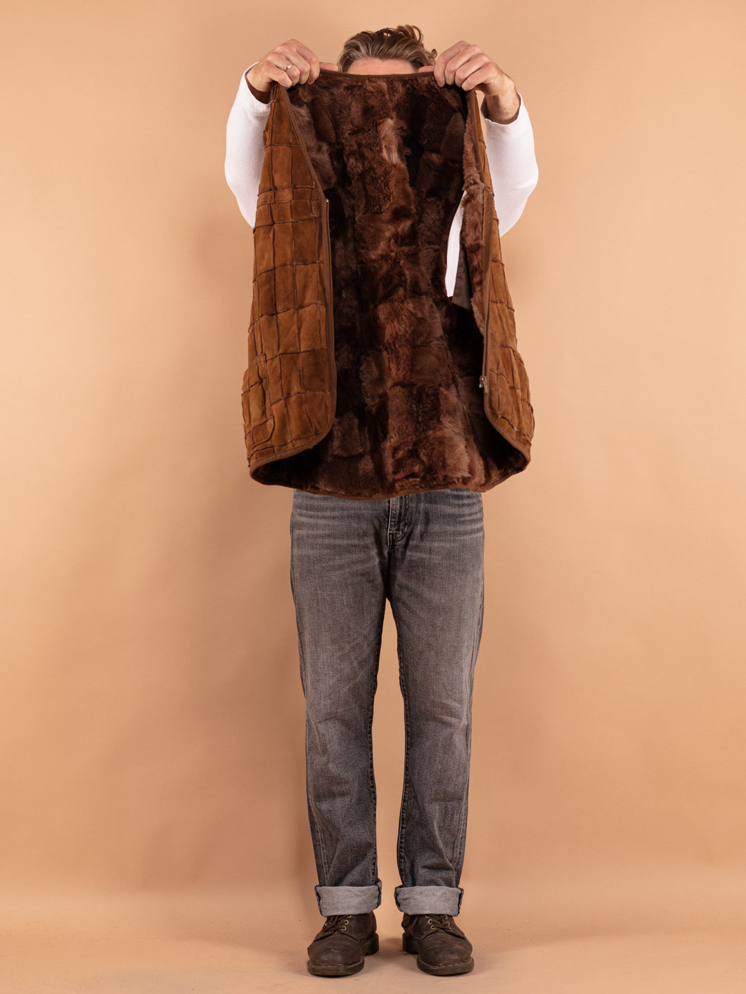 Vintage 70. gadu vīriešu patchwork aitādas veste brūnā krāsā