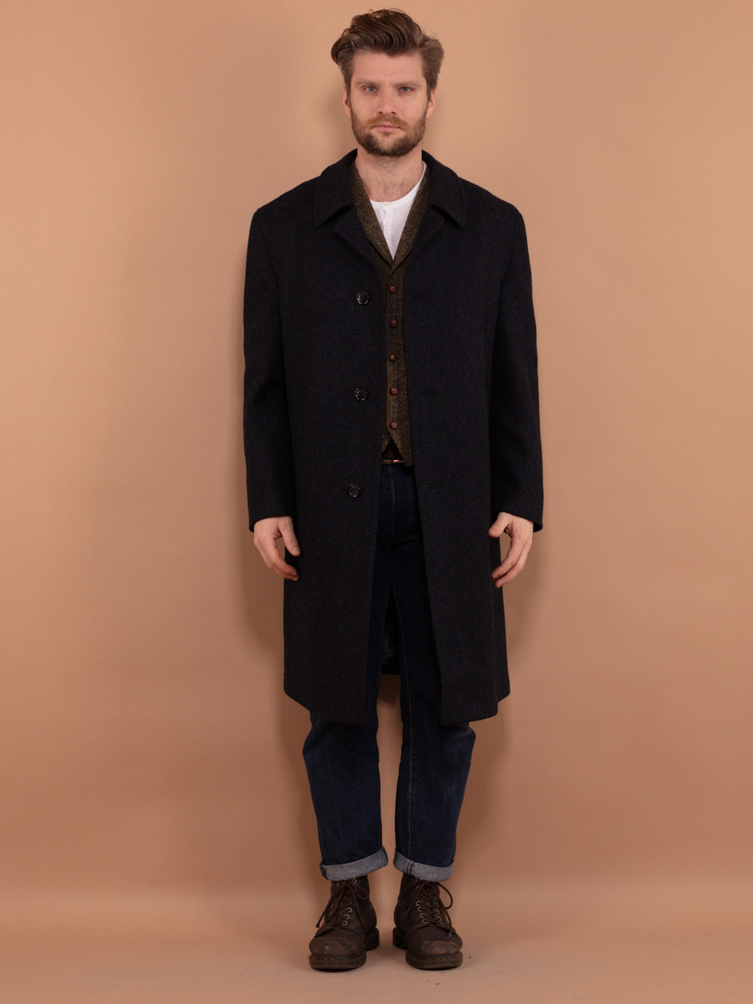 Vintage 70's Men Pure New Wool Coat in Blue - NorthernGrip