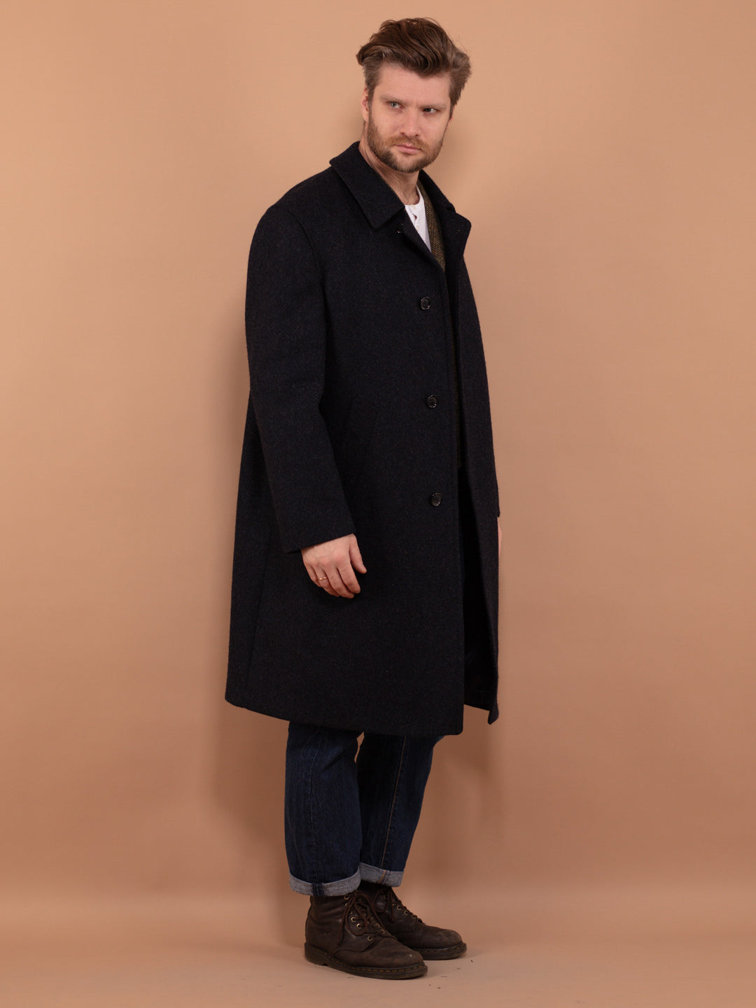 Vintage 70's Men Pure New Wool Coat in Blue - NorthernGrip