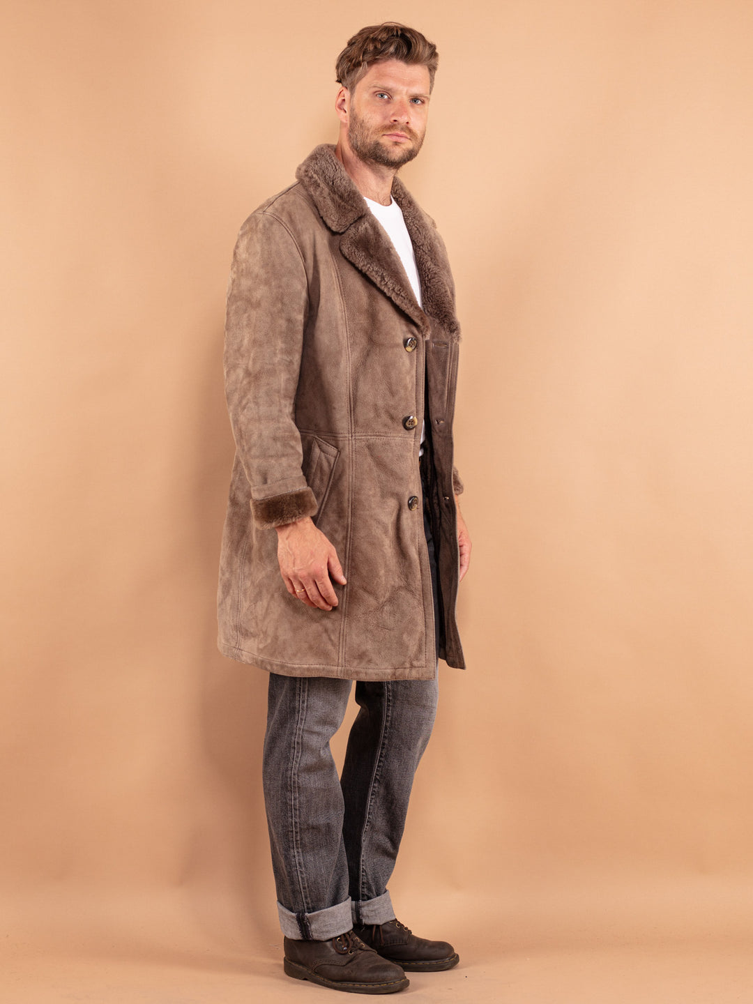 Vintage 70's Men Sheepskin Coat in Beige