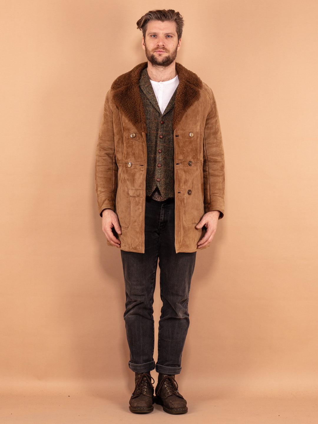 Vintage 70's Men Sheepskin Coat in Beige - NorthernGrip