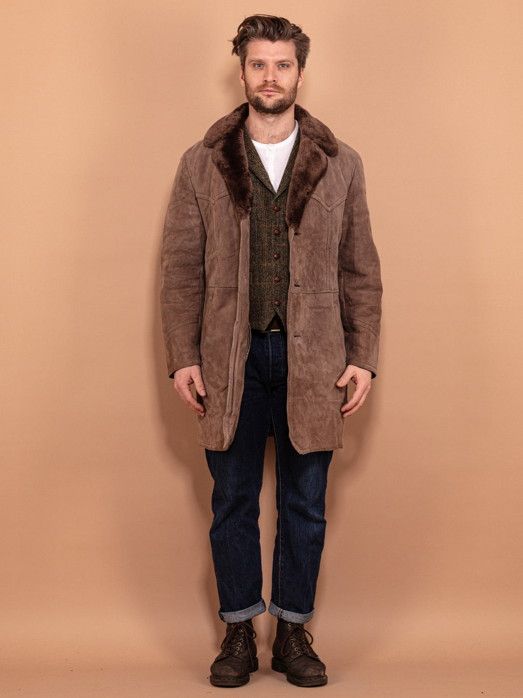 Vintage 70's Men Sheepskin Coat in Beige - NorthernGrip
