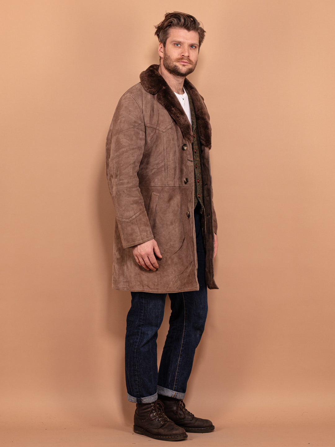Vintage 70's Men Sheepskin Coat in Beige - NorthernGrip