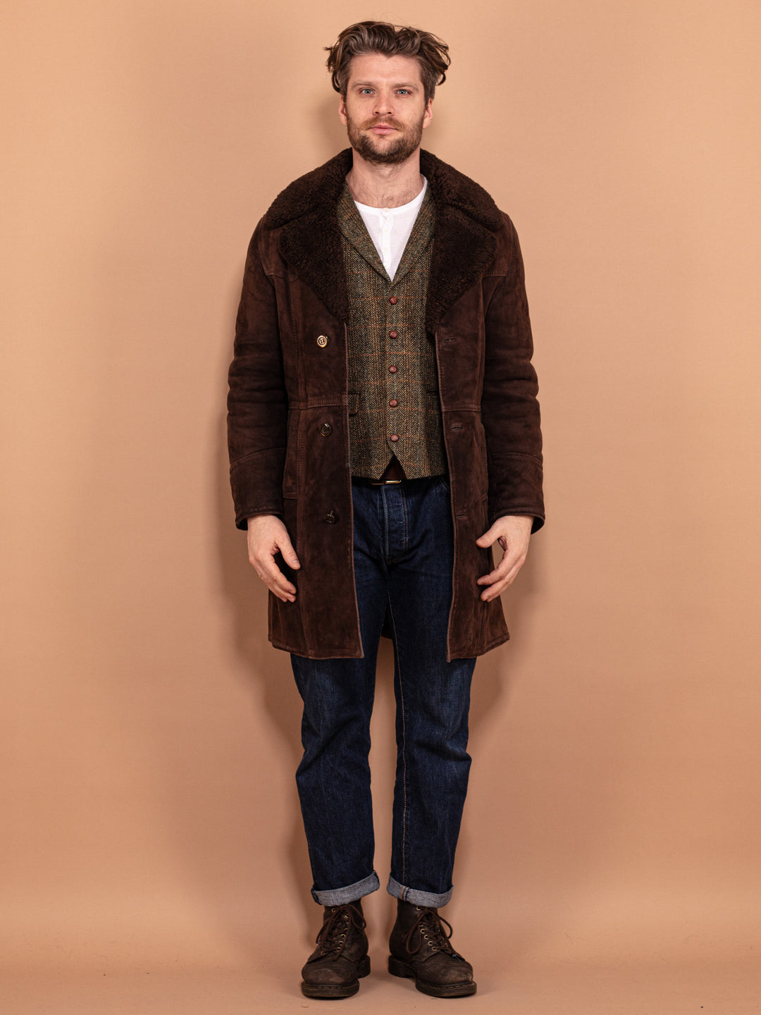 Vintage 70's Men Sheepskin Coat in Brown - NorthernGrip