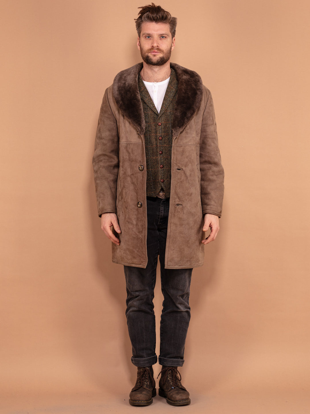 Vintage 70's Men Sheepskin Coat in Beige - NorthernGrip