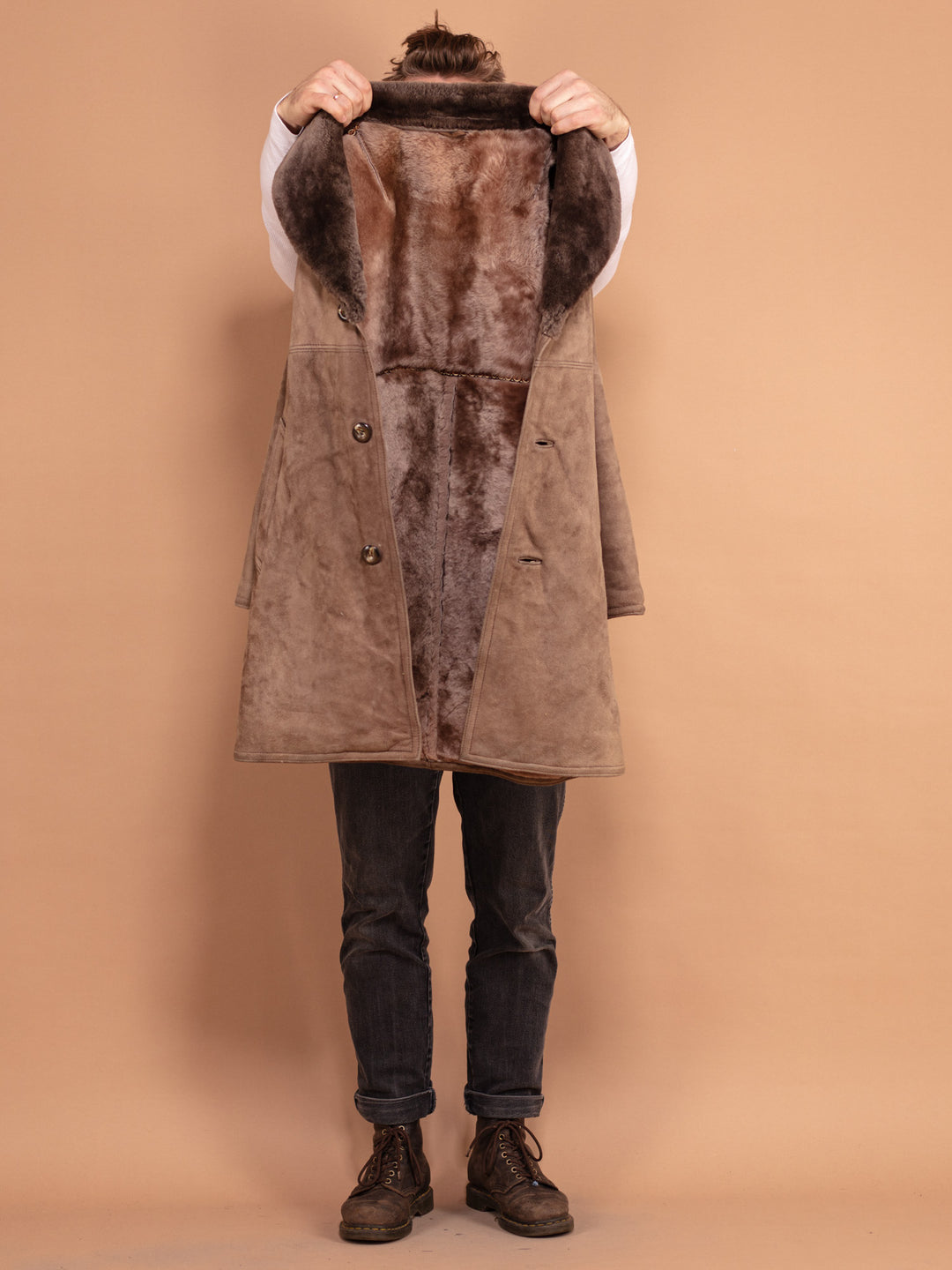 Vintage 70's Men Sheepskin Coat in Beige - NorthernGrip