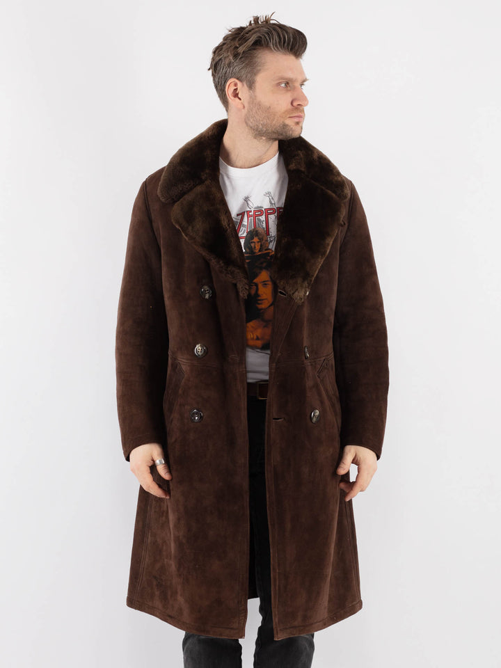 Vintage 70's Men Sheepskin Shearling Coat in Brown - NorthernGrip