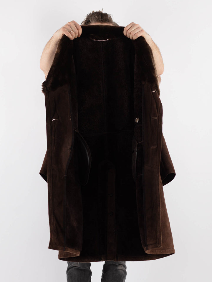 Vintage 70's Men Sheepskin Shearling Coat in Brown - NorthernGrip