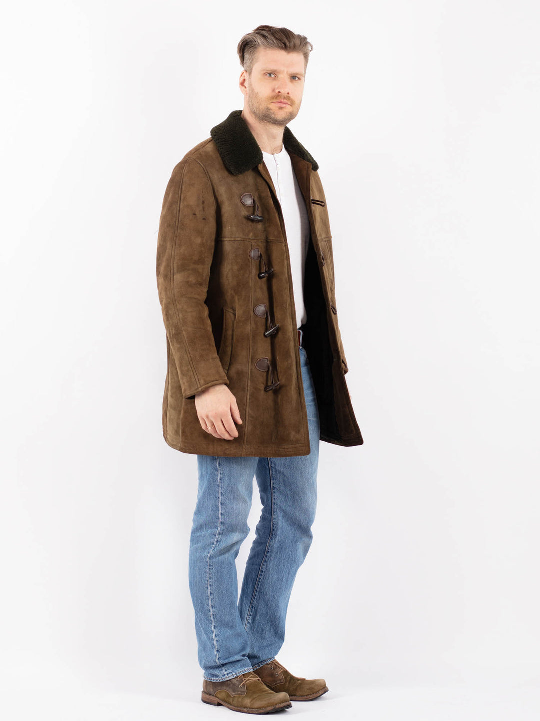Vintage 70's Men Sheepskin Coat in Green