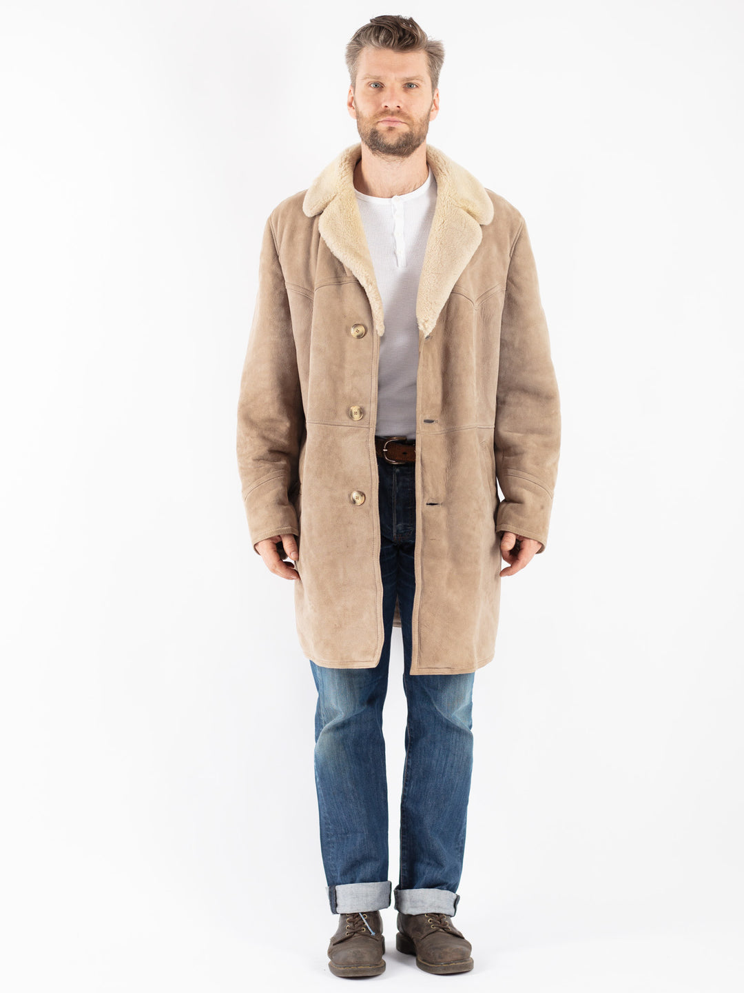 Vintage 70's Men Sheepskin Coat in Beige
