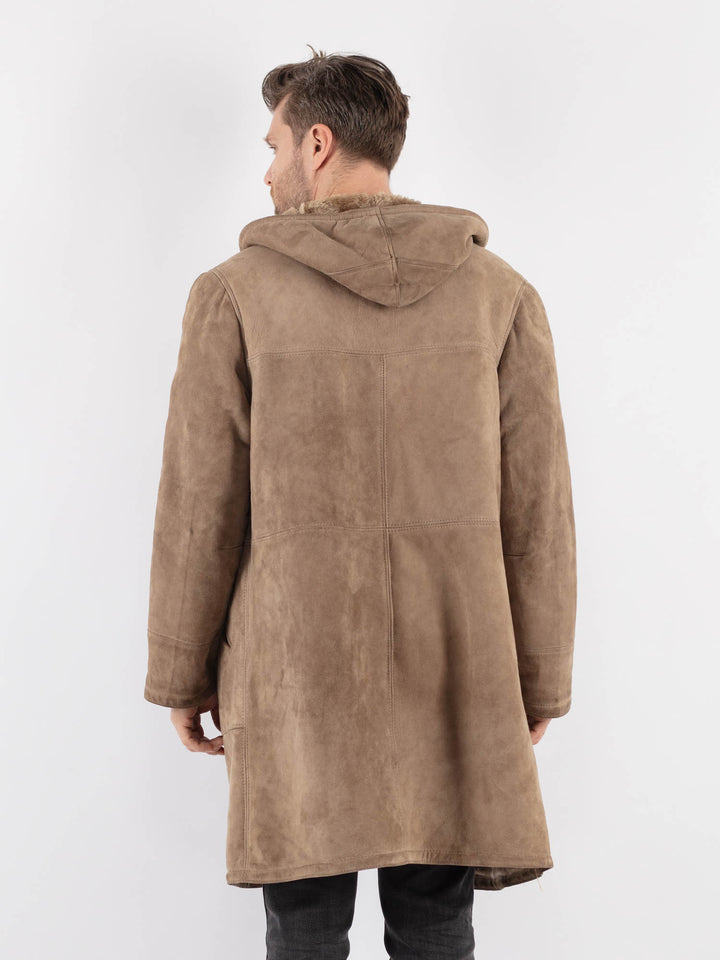 Vintage 70's Men Hooded Sheepskin Coat in Beige - NorthernGrip