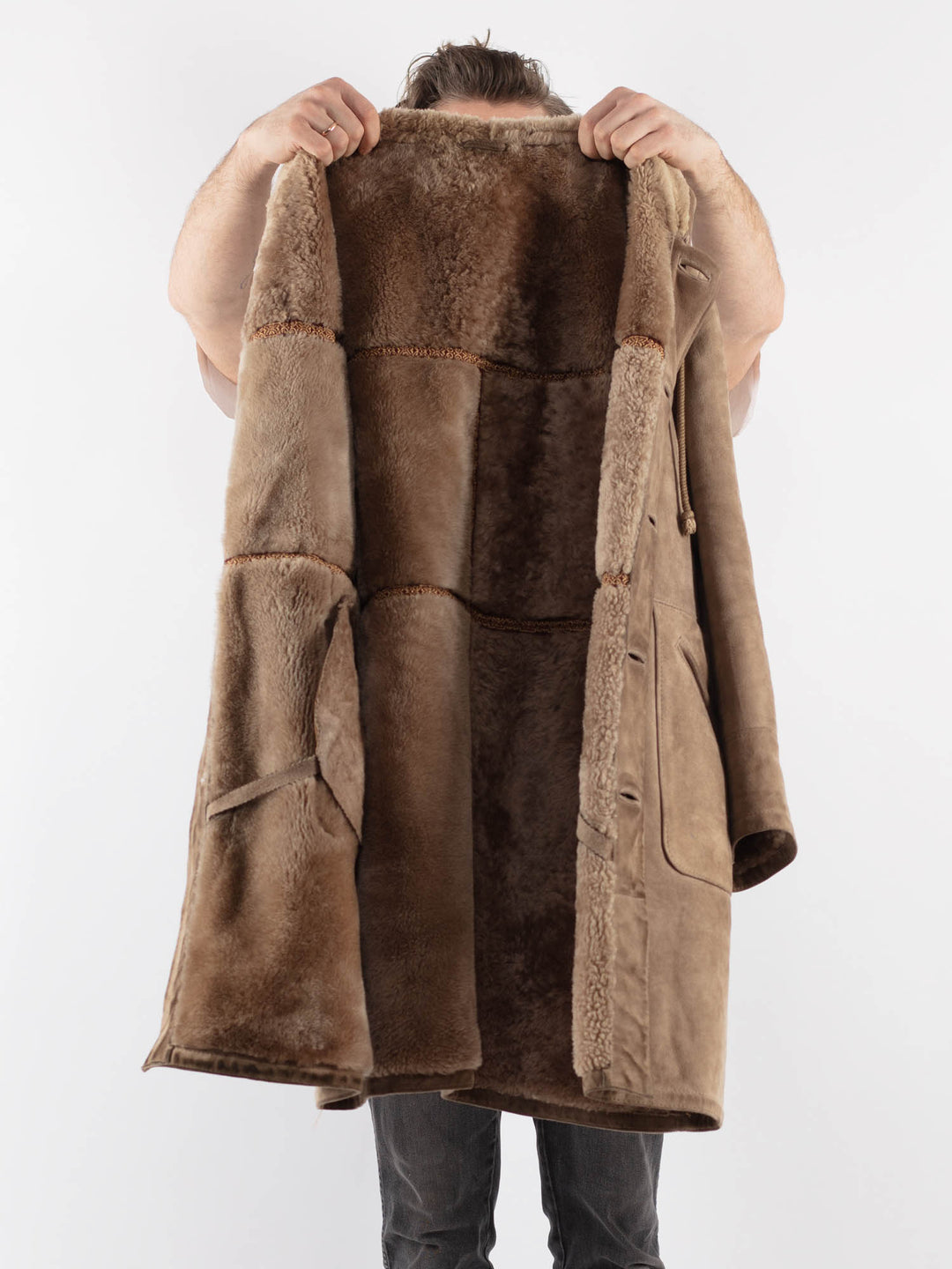 Vintage 70's Men Hooded Sheepskin Coat in Beige - NorthernGrip