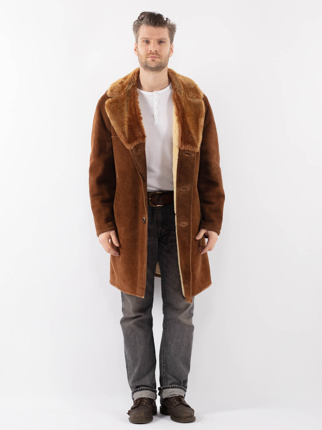 Vintage 70's Men Sheepskin Shearling Coat in BrownZ1128