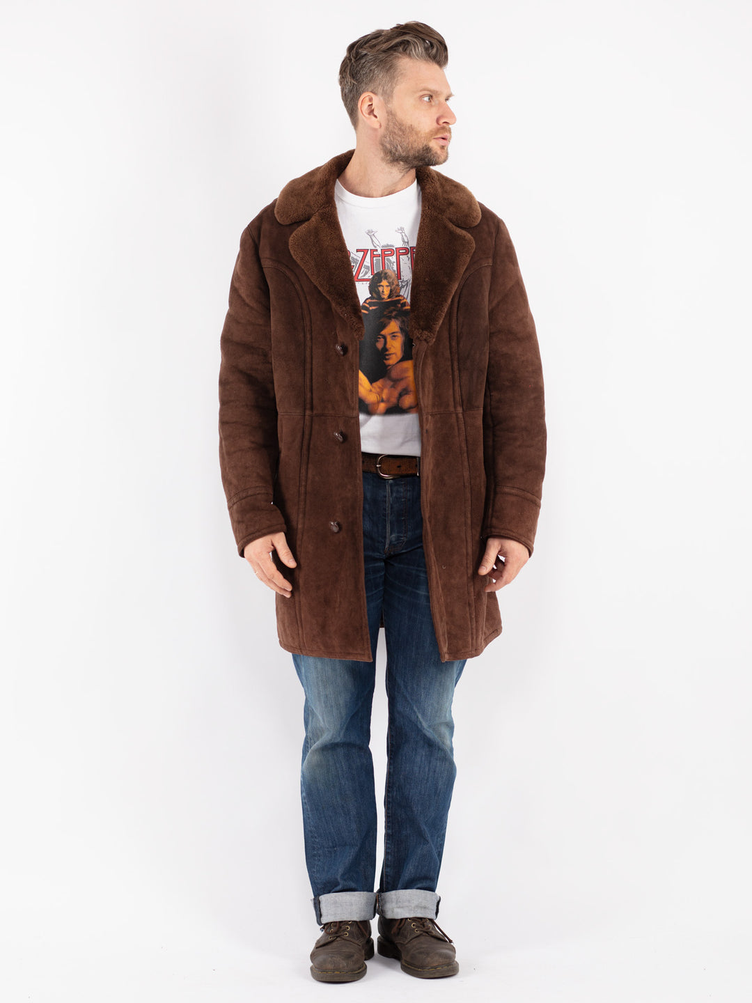 Vintage Men Sheepskin Shearling Coat in Brown