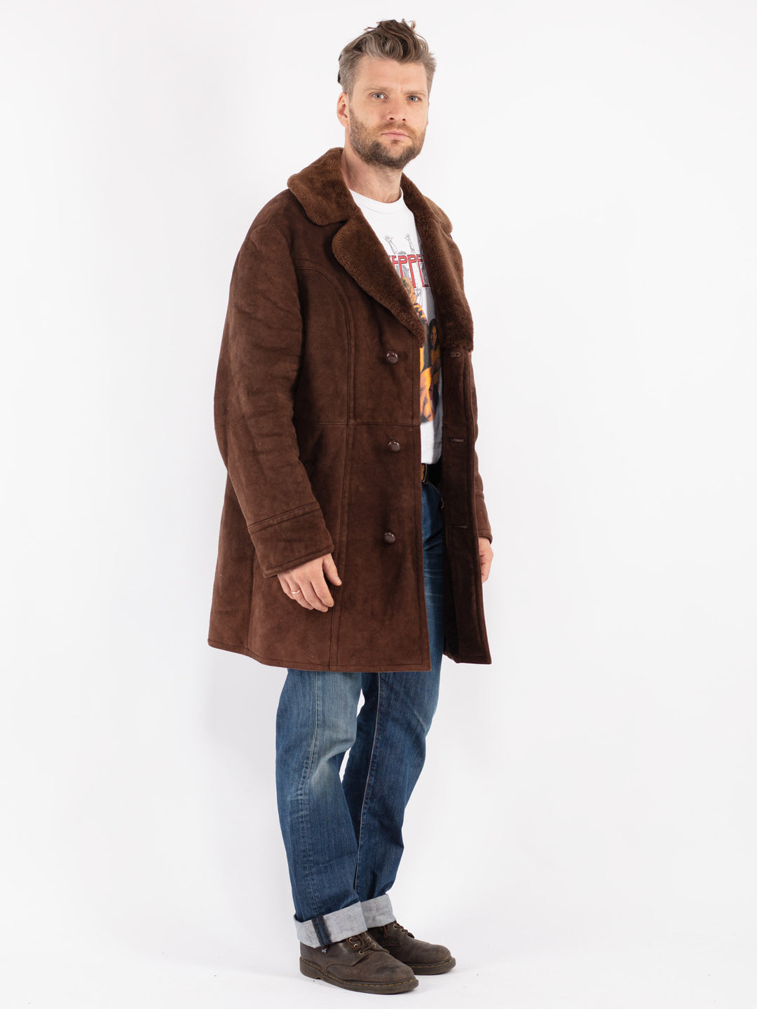 Vintage Men Sheepskin Shearling Coat in Brown