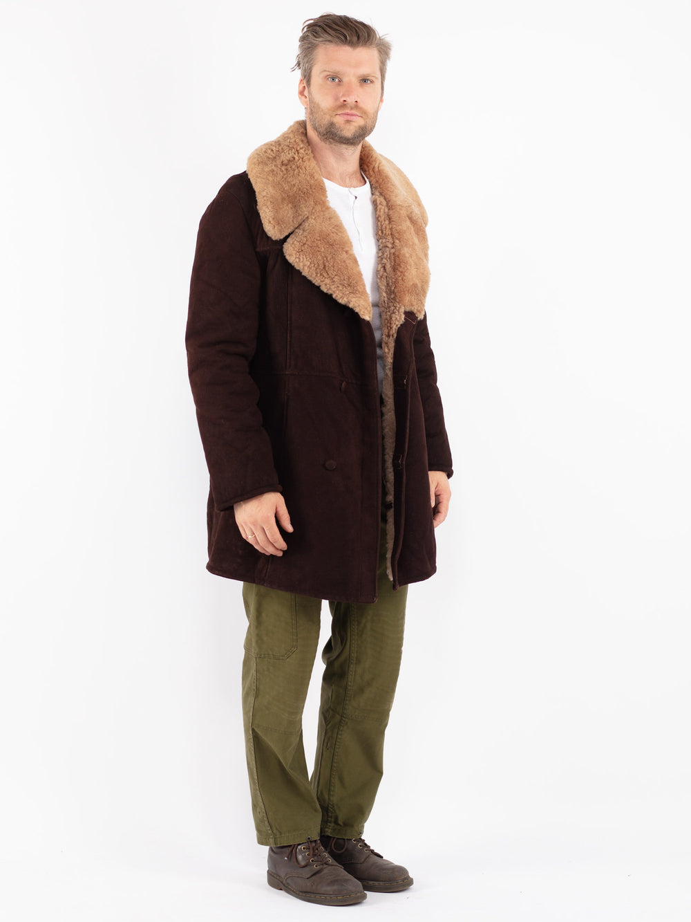 Vintage 70's Men Sheepskin Shearling Coat in Brown