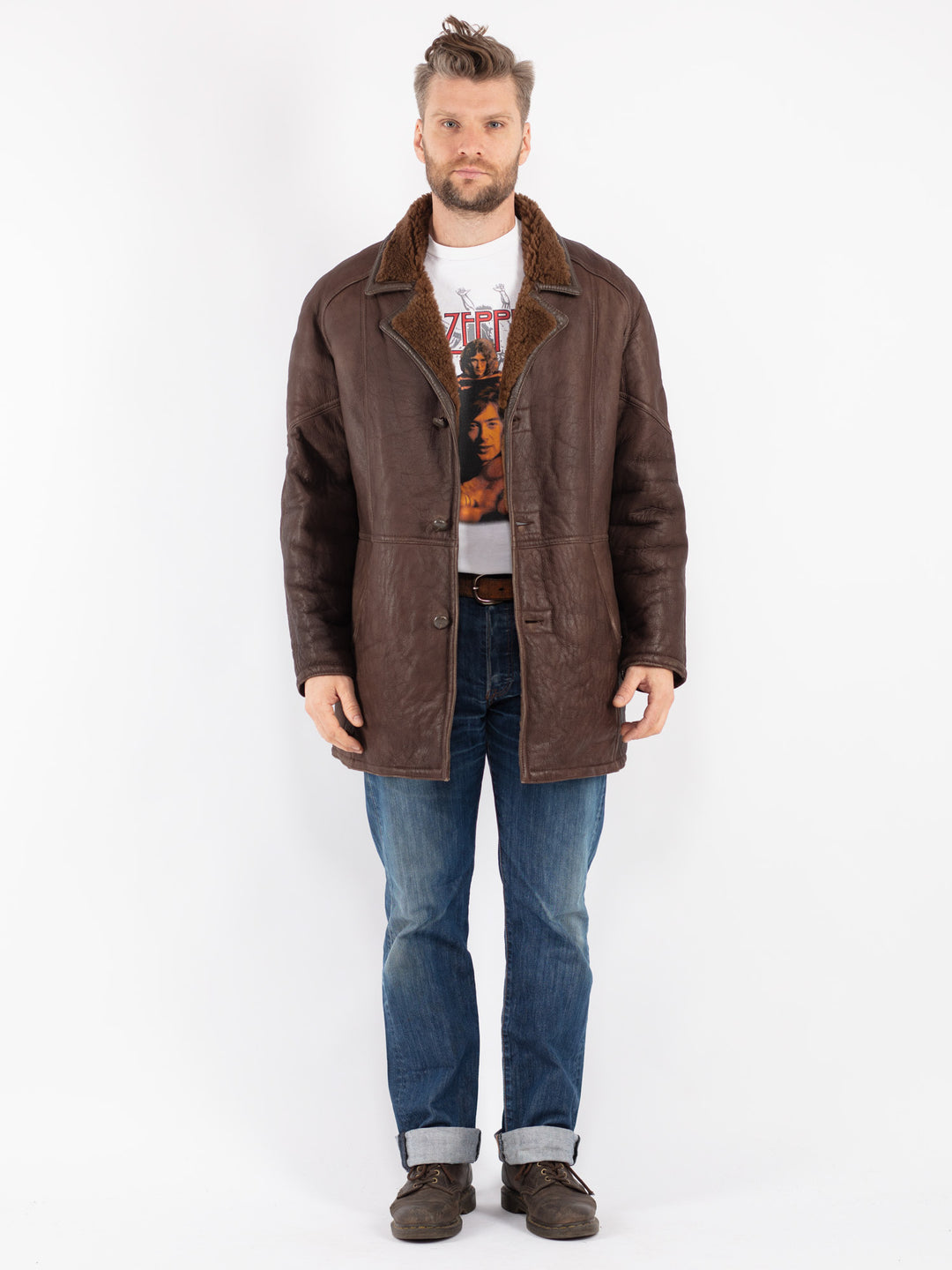 Vintage 90's Men Sheepskin Shearling Coat in Brown