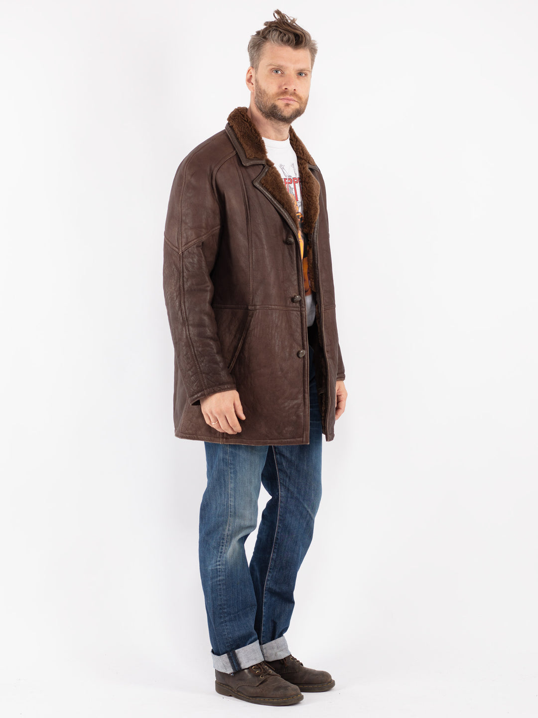 Vintage 90's Men Sheepskin Shearling Coat in Brown