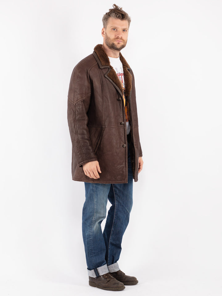 Vintage 90's Men Sheepskin Shearling Coat in Brown