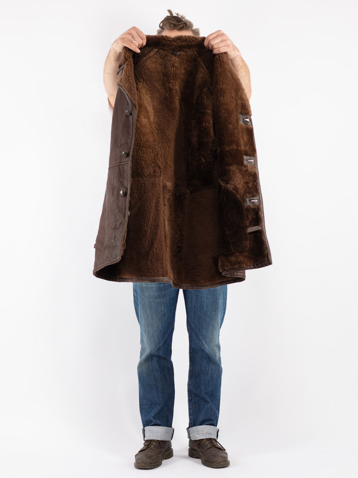 Vintage 90's Men Sheepskin Shearling Coat in Brown