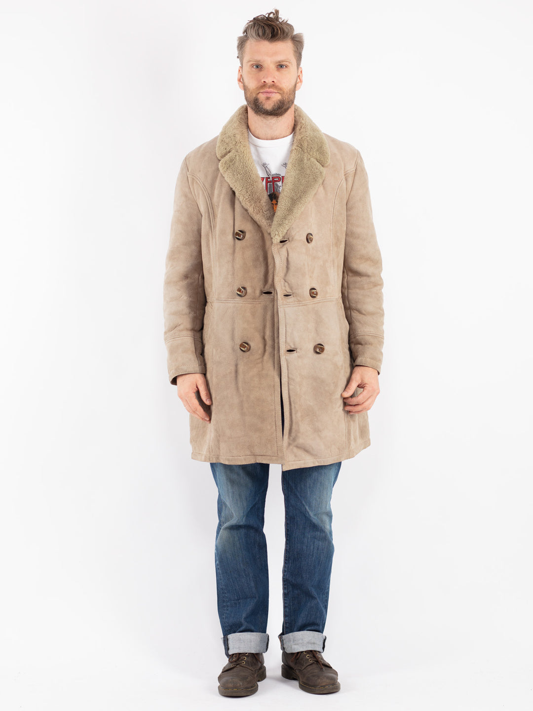 Vintage Men Sheepskin Coat in Beige