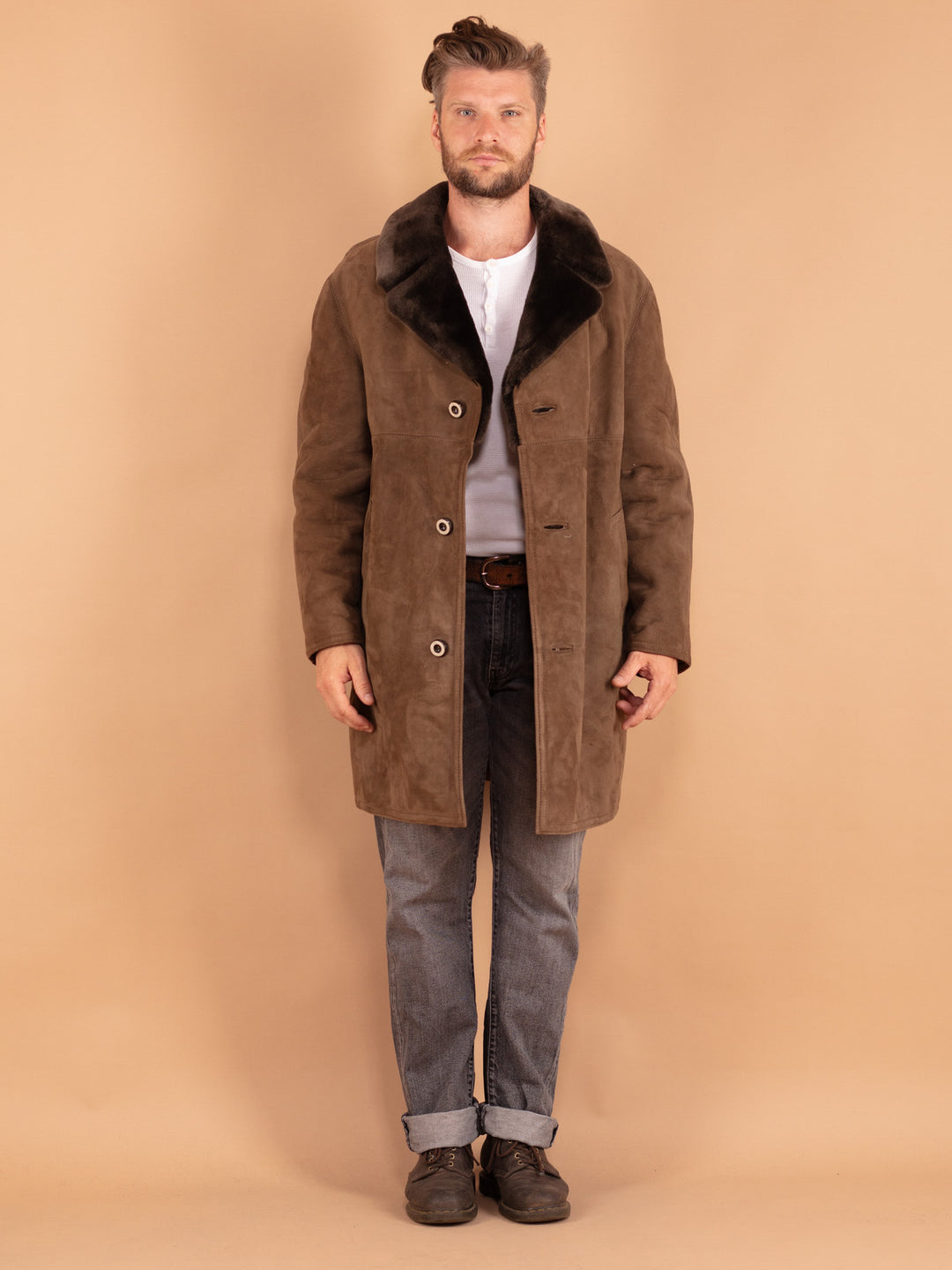 Vintage 70's Men Sheepskin Coat in Brown - NorthernGrip